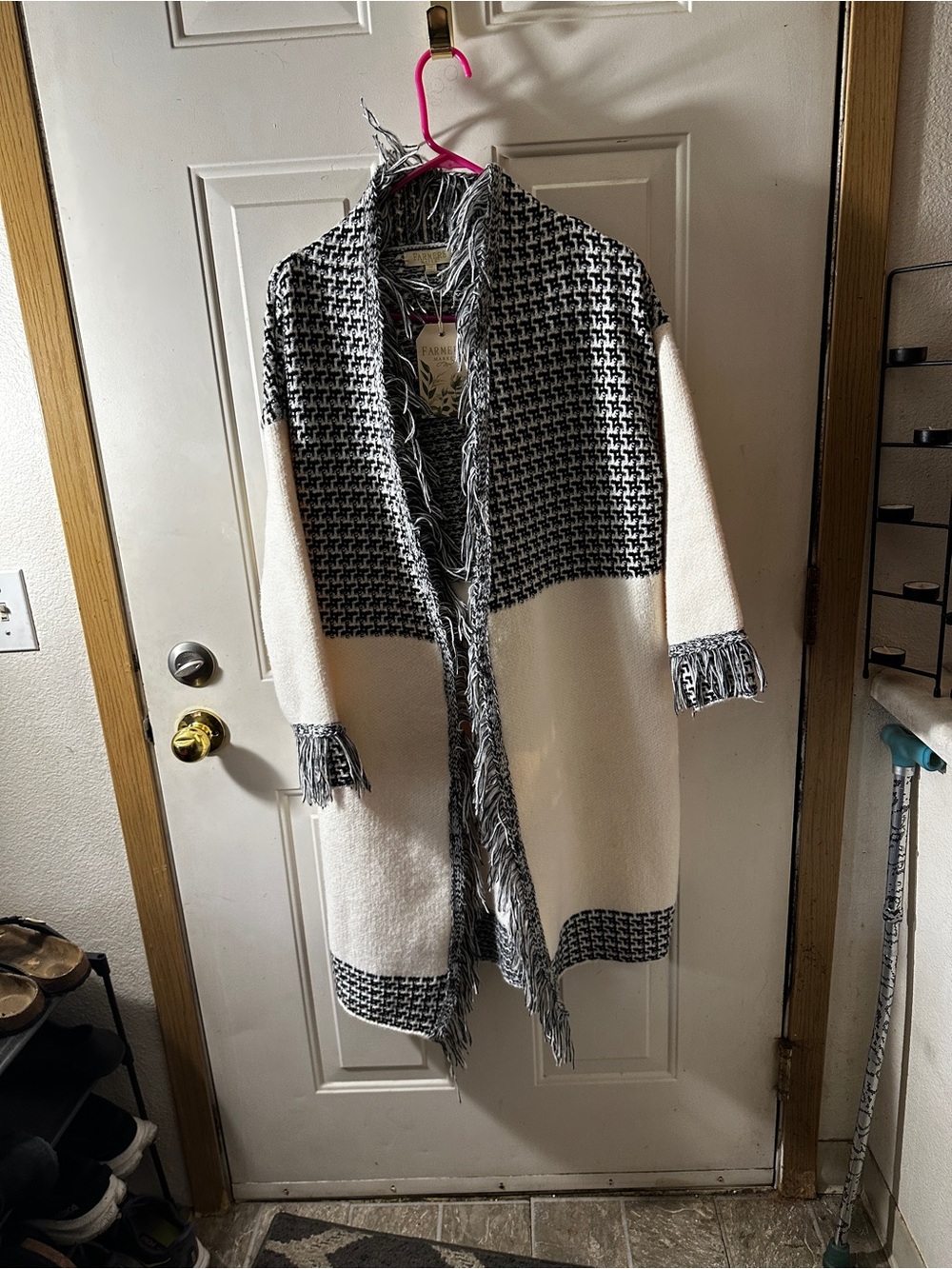 NWT Farmers Market Medium Women’s Cream & Black Fringe Open Cardigan Sweater